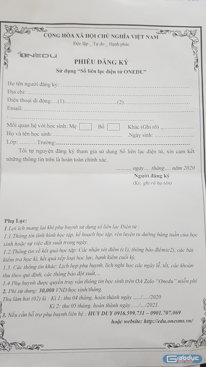 Sổ liên lạc điện tử ONEDU được Trường Tiểu học Quan Hoa triển khai yêu cầu phụ huynh đăng ký. Ảnh: Nhân vật cung cấp.