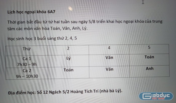 Lịch học thêm, ảnh do phụ huynh cung cấp.