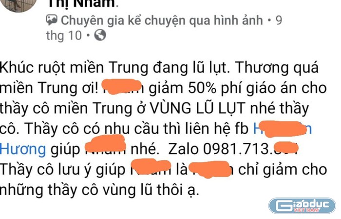 Sự kiện lũ lụt gây nhiều thiệt hại cho đồng bào miền Trung cũng được khai thác triệt để vào marketing giáo án, ảnh chụp màn hình.