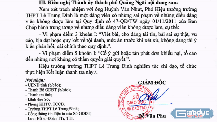 Kết luận thanh tra của Sở Giáo dục và Đào tạo Quảng Ngãi chỉ ra nhiều sai phạm tài chính tại Trường Trung học phổ thông Lê Trung Đình. Ảnh: AN