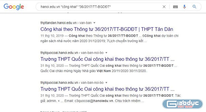 Kết quả tìm kiếm cho thấy Trường Trung học phổ thông Tân Dân, Trường Trung học phổ thông Quốc Oai gương mẫu thực hiện nghiêm túc Thông tư 32/2017/TT-BGDĐT, ảnh chụp màn hình.