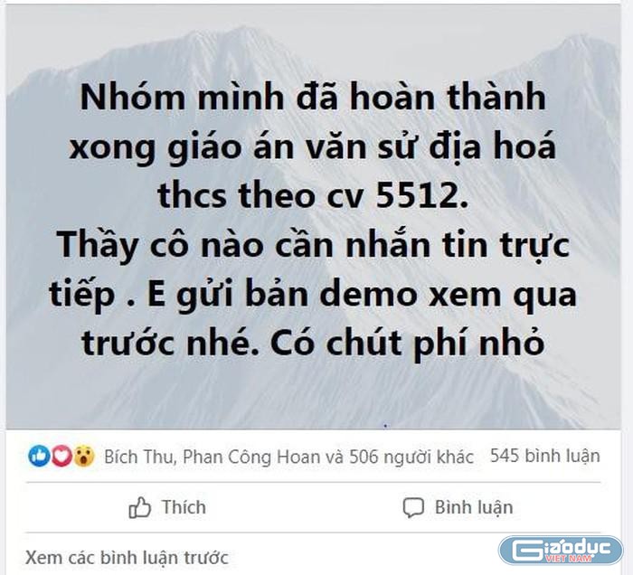 Giáo viên hỏi mua giáo án tràn lan trên mạng facebook (Ảnh chụp màn hình).