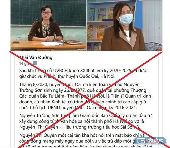 Ảnh chụp màn hình một phần nội dung thông tin giật gân, xuyên tạc ảnh hưởng đến uy tín, danh dự của Chủ tịch Ủy ban nhân dân huyện Quốc Oai và Hiệu trưởng Trường Tiểu học Sài Sơn B.