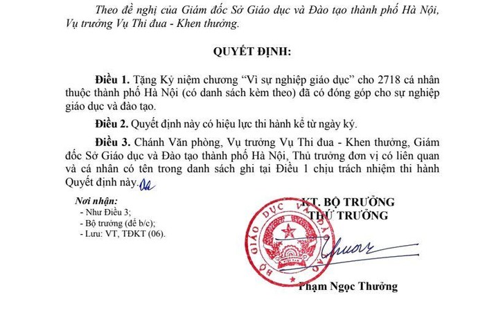 Nhiều thầy cô giáo mong muốn Kỷ niệm chương Vì sự nghiệp giáo dục được trao - nhận trang trọng, xứng đáng với đóng góp của đội ngũ nhà giáo. Hình ảnh chỉ mang tính chất minh họa, chụp màn hình quyết định tặng Kỷ niệm chương Vì sự nghiệp giáo dục của Bộ Giáo dục và Đào tạo, nguồn: hanoi.edu.vn.