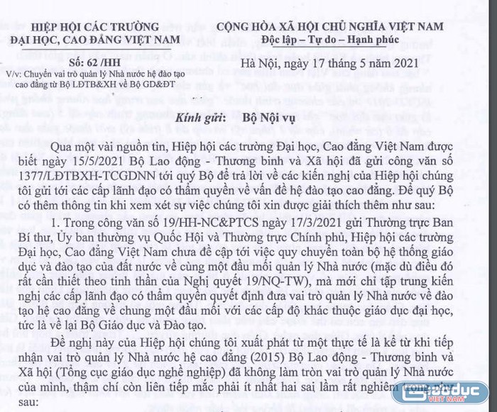 Ảnh chụp văn bản số 62/HH ngày 17/5/2021 của Hiệp hội Các trường đại học, cao đẳng Việt Nam.