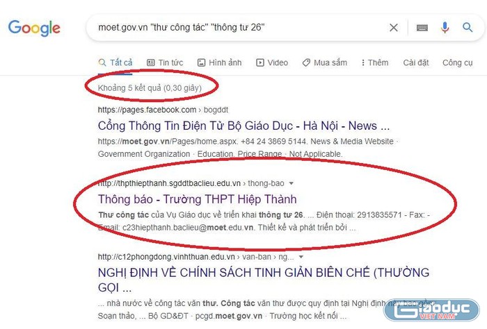 Kết quả tìm kiếm trên Google với từ khóa &quot;thư công tác&quot; &quot;thông tư 26&quot; moet.gov.vn.