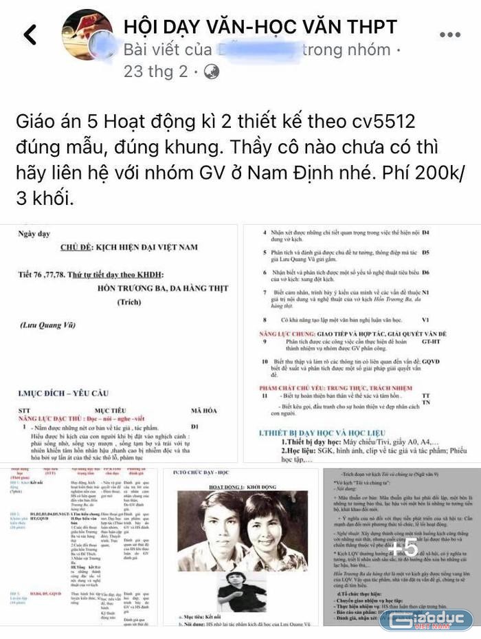 Giáo án (kế hoạch bài dạy) theo mẫu quy định tại Công văn 5512 đang được rao bán trên mạng xã hội, ảnh: Ánh Dương.