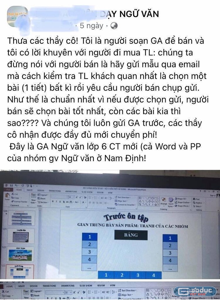 Nhiều nhóm giáo viên viết mẫu giáo án 5512 để rao bán cho đồng nghiệp qua mạng xã hội Facebook, ảnh chụp màn hình.