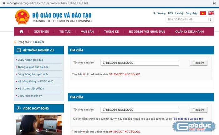 Ảnh chụp màn hình kết quả tìm kiếm công văn 971/BGDĐT-NGCBQLGD trên cổng thông tin điện tử Bộ Giáo dục và Đào tạo.