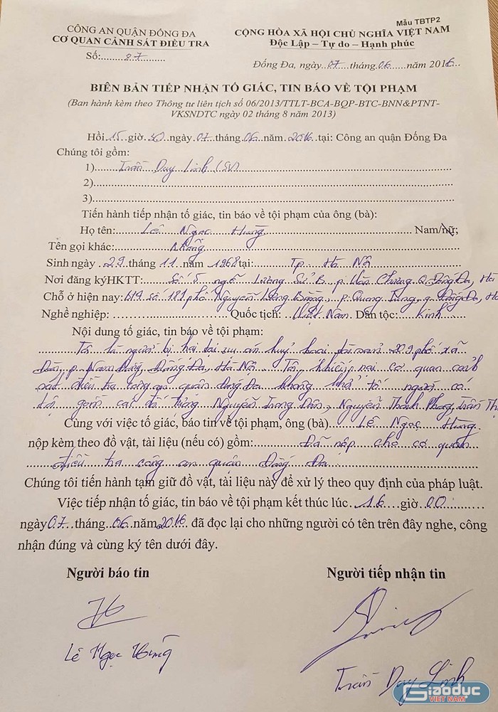 Công an quận Đống Đa đã tiếp nhận đơn khiếu nại của ông Lê Ngọc Hùng về vụ 209 Xã Đàn.