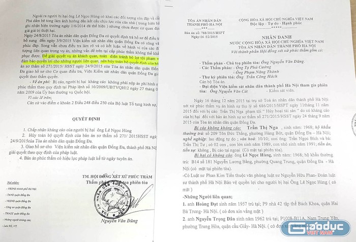 Đến nay, Cơ quan CSĐT Công an quận Đống Đa vẫn chưa ban hành kết luận điều tra bổ sung để chuyển sang Viện Kiểm sát nhân dân truy tố các đối tượng Nguyễn Trọng Dân, Nguyễn Thanh Phong, Hoàng Đạt theo yêu cầu của Hội đồng xét xử Tòa án nhân dân TP. Hà Nội tại bản án số 788/2015/HSPT ngày 16/12/2015.