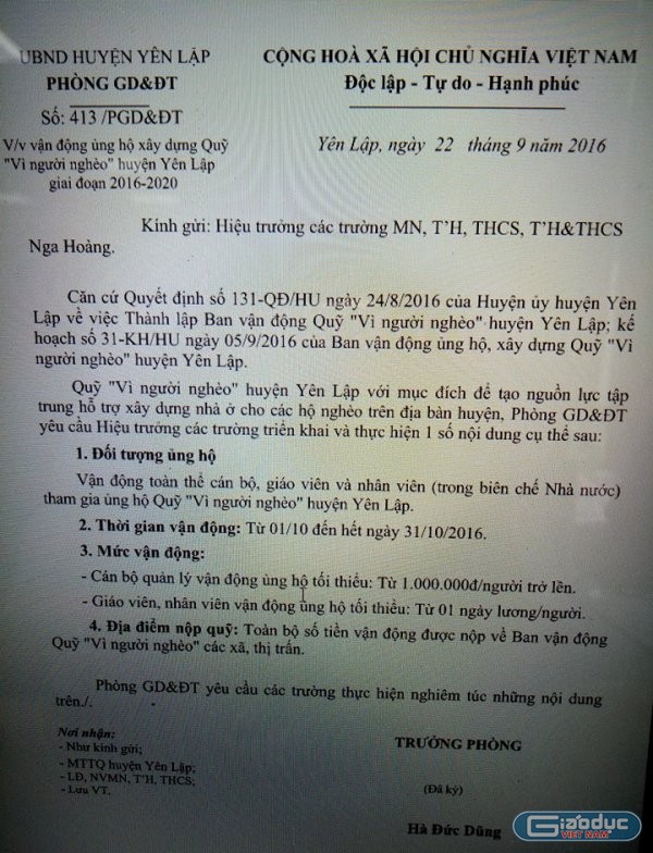 Hai văn bản (văn bản số 410, 413) do ông Hà Đức Dũng, Trưởng phòng GD&amp;ĐT huyện Yên Lập gửi qua mail có nội dung ép cán bộ, giáo viên, nhân viên, học sinh ủng hộ từ thiện (Ảnh MC)