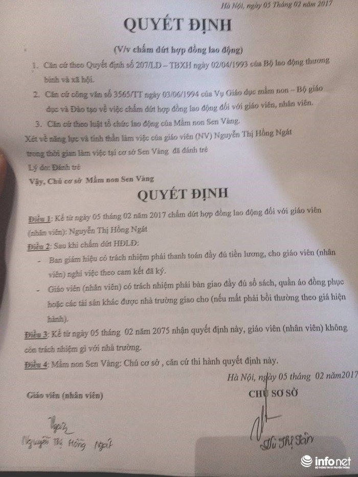 Quyết định buộc 2 giáo viên Đặng Thị Bình (SN 1994) và Nguyễn Thị Hồng Ngát (SN 1995) nghỉ việc (ảnh nguồn Infonet)