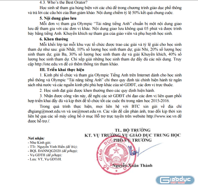 Công văn số 4786/BGDĐT-GDTrH ngày 17/09/2015 của Bộ Giáo dục và Đào tạo về việc hướng dẫn tổ chức Olympic tiếng Anh trên Internet và Olympic tài năng tiếng Anh dành cho học sinh phổ thông năm học 2015-2016, gửi đến các Sở Giáo dục và Đào tạo (ảnh MC)