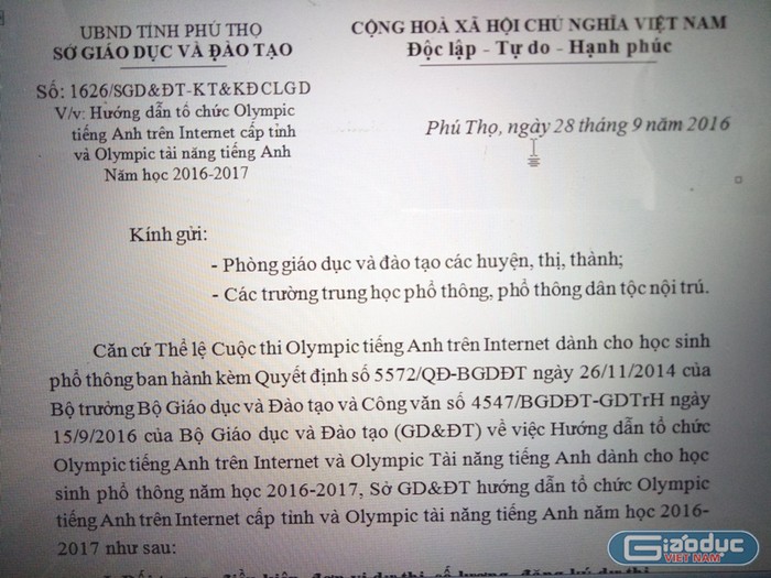 Công văn số 1626/SGD&amp;ĐT – KH&amp;KĐCLGD về việc hướng dẫn tổ chức thi Olympic tiếng Anh trên Internet cấp tỉnh và Olympic tài năng tiếng Anh năm học 2016 – 2017 (ảnh HC)