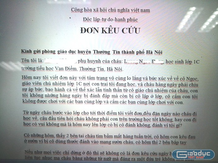 Đơn thư kêu cứu của chị P.T.H. gửi đến cơ quan chức năng (ảnh nguồn Báo Điện tử Giáo dục Việt Nam)