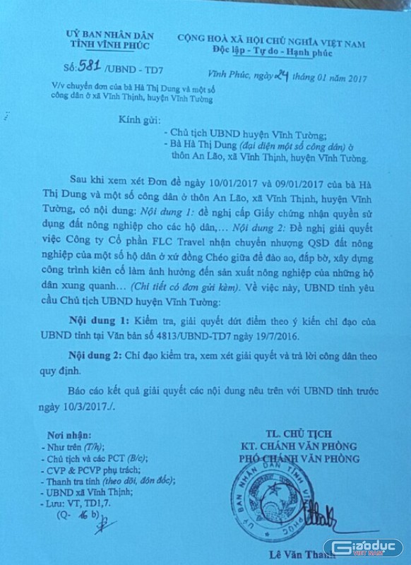 Các văn bản yêu cầu giải quyết nội dung đơn thư khiếu nại của người dân xã Vĩnh Thịnh, huyện Vĩnh Tường, tỉnh Vĩnh Phúc (ảnh Lê Minh)