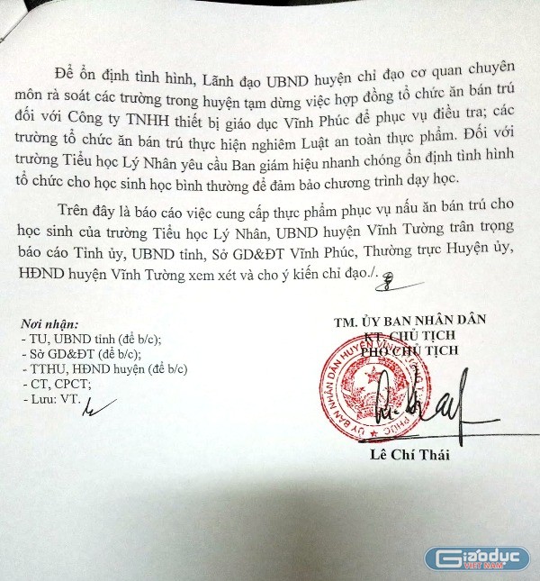 Báo cáo số 340/BC-UBND của Ủy ban nhân huyện Vĩnh Tường, tỉnh Vĩnh Phúc về vụ việc (ảnh Nhân Minh)