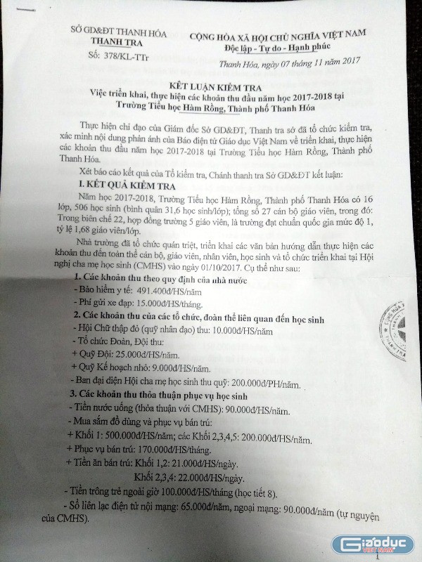 Kết luận số 378/KL-TTr về việc triển khai, thực hiện các khoản thu đầu năm học 2017 - 2018 tại Trường tiểu học Hàm Rồng, Thành phố Thanh Hóa, tỉnh Thanh Hóa. Ảnh: Trực Ngôn.