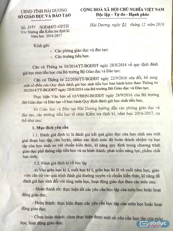 Văn bản số 2172/SGD&amp;ĐT – GDTH của Sở Giáo dục và Đào tạo tỉnh Hải Dương về việc hướng dẫn kiểm tra định kỳ năm học 2016 – 2017 gửi tất cả các phòng giáo dục và các trường tiểu học. Ảnh: Hữu Chí