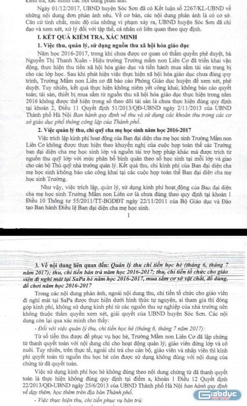 Kết quả báo cáo thanh tra, xác minh của Ủy ban nhân dân huyện Sóc Sơn đối với Hiệu trưởng Trường mầm non Liên Cơ. Ảnh: Minh Chí