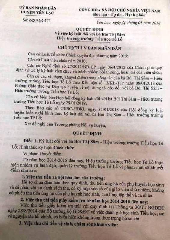 Quyết định kỷ Luật số 346/QĐ-CT ngày 31/01/2018 của Ủy ban nhân dân huyện Yên Lạc về việc cách chức Hiệu trưởng đối với bà Bùi Thị Sâm, Hiệu trưởng Trường tiểu học Tề Lỗ. Ảnh: Xuân Doãn.