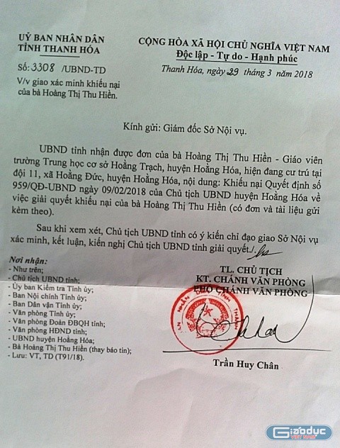 Chủ tịch tỉnh Thanh Hóa yêu cầu làm rõ, giải quyết đơn thư của cô Hoàng Thị Thu Hiền. Ảnh: Nhân Minh.