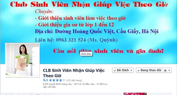 Một page của câu lạc bộ sinh viên giúp việc theo giờ