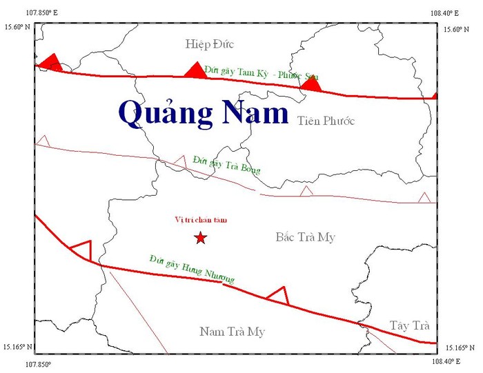 Vị trí tâm chấn của động đất tại thủy điện Sông Tranh 2 vào chiều ngày 11/7