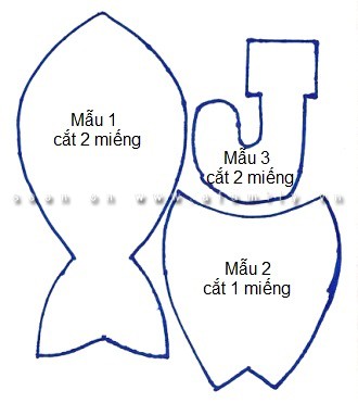 In mẫu bên, photo to nhỏ tùy ý rồi cắt mẫu giấy. Ta quy ước mẫu 1 là hình thân cá, mẫu 2 là hình con cá, mẫu 3 là hình lưỡi câu: