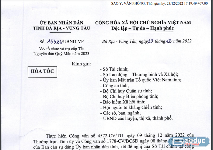 Ảnh chụp màn hình văn bản số 16526/UBND-VP của tỉnh Bà Rịa – Vũng Tàu