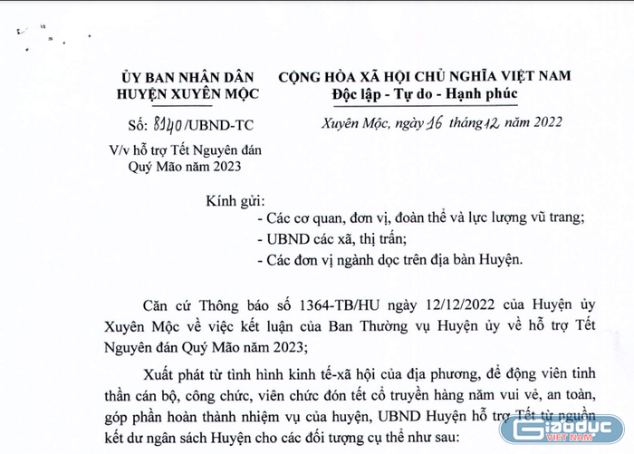 Ảnh chụp màn hình văn bản số số 8140/UBND-TC của huyện Xuyên Mộc, tỉnh Bà Rịa – Vũng Tàu