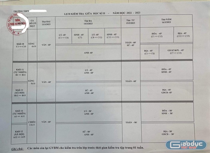 Lịch kiểm tra giữa kì II do phụ huynh cung cấp