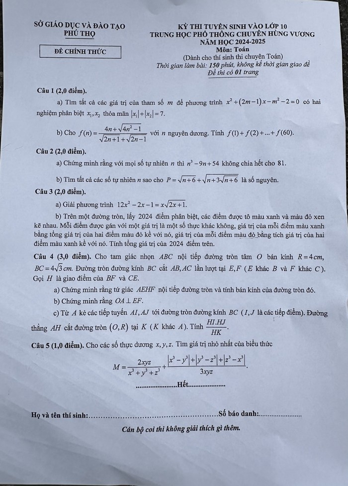 Đề thi chuyên Toán vào lớp 10 Trường Trung học phổ thông Chuyên Hùng Vương (tỉnh Phú Thọ) năm học 2024 – 2025.