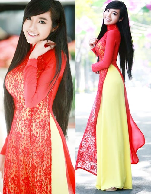 Elly Trần đem một chút quyến rũ vào chiếc áo dài với phần tà áo được thiết kế bằng ren đỏ. Mờ mờ, ảo ảo mà vẫn rất thật, khiến nhiều anh chàng phải mê mẩn.