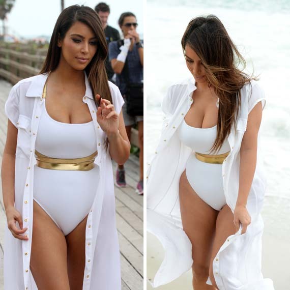 Xuất hiện trên bãi biển Miami cách đây ít ngày, cô Kim gây bất ngờ với bộ bikini liền thân và áo khoác bên ngoài.
