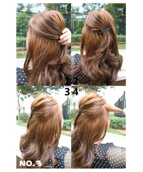 Kiểu 3: Tuần tự thực hiện theo các bước sau, trước hết lấy một phần tóc ở chính giữa đỉnh đầu, phía dưới lấy ngang từ thái dương rồi kẹp lại. Sau đó lấy một phần nhỏ ở bên mang tai phải để chuẩn bị tết tóc. Xem thêm: Những kiểu tóc ấn tượng dành cho bạn gái.