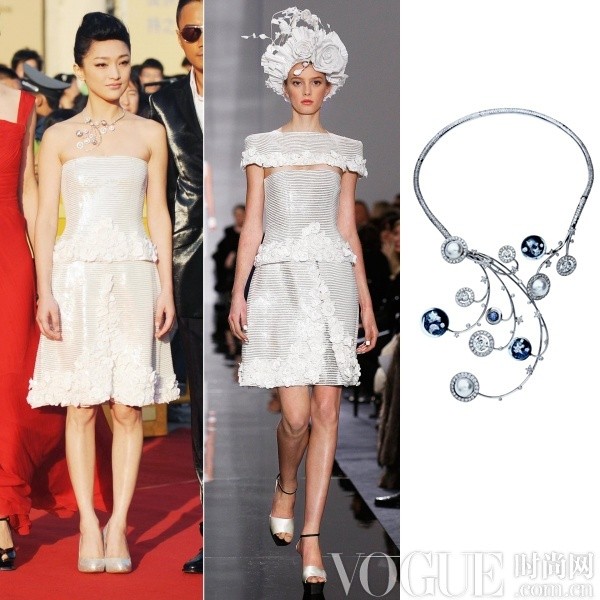 Châu Tấn diện váy trắng quý phái cùng đồ trang sức Chanel.