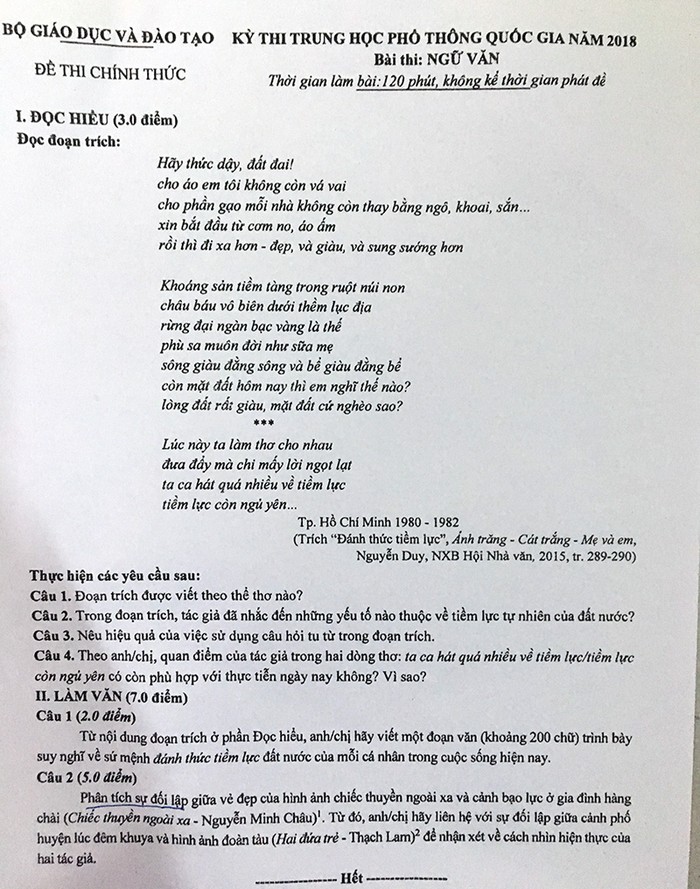 Đề thi môn Ngữ văn tương đối khó.