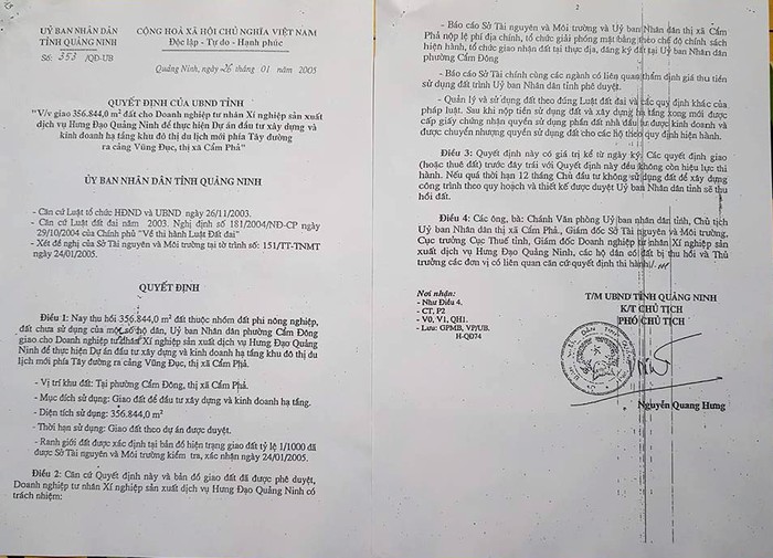 Quyết định giao đất của tỉnh Quảng Ninh nêu rõ, nếu quá thời hạn 12 tháng, chủ đầu tư không sử dụng đất sẽ bị thu hồi đất (Ảnh: Lã Tiến)