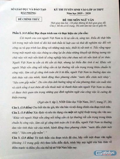 Đề thi môn Ngữ Văn kỳ thi tuyển sinh vào lớp 10 Trung học phổ thông năm học 2019-2020 tại Hải Phòng (Ảnh: Lã Tiến)