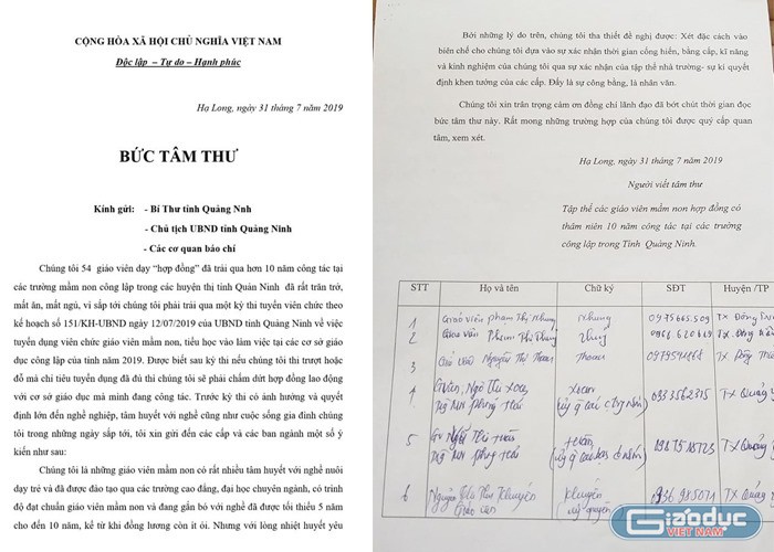 Bức tâm thư của các giáo viên mầm non hợp đồng gửi Bí thư Tỉnh ủy Quảng Ninh (Ảnh: Lã Tiến)