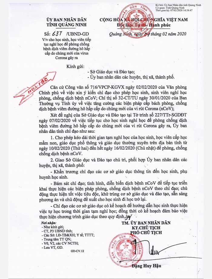 Văn bản của Ủy ban nhân dân tỉnh Quảng Ninh cho phép kéo dài thời gian nghỉ học đến 16/2 (Ảnh: LT)