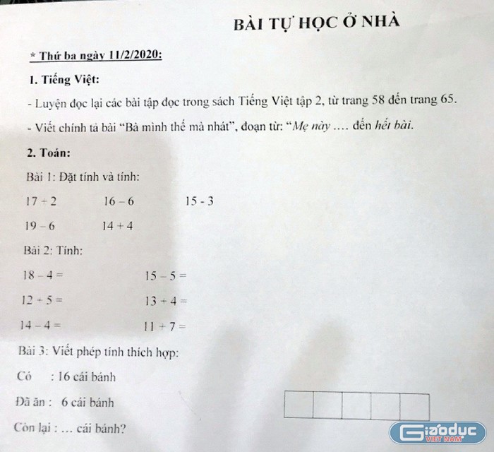 Phiếu bài tự học ở nhà của Trường Tiểu học Chu Văn An (quận Ngô Quyền) (Ảnh: LT)