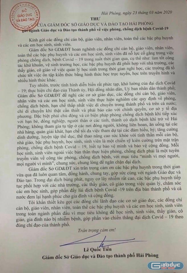 Thư kêu gọi toàn ngành đẩy lùi dịch bệnh Covid-19 (Ảnh: LT)