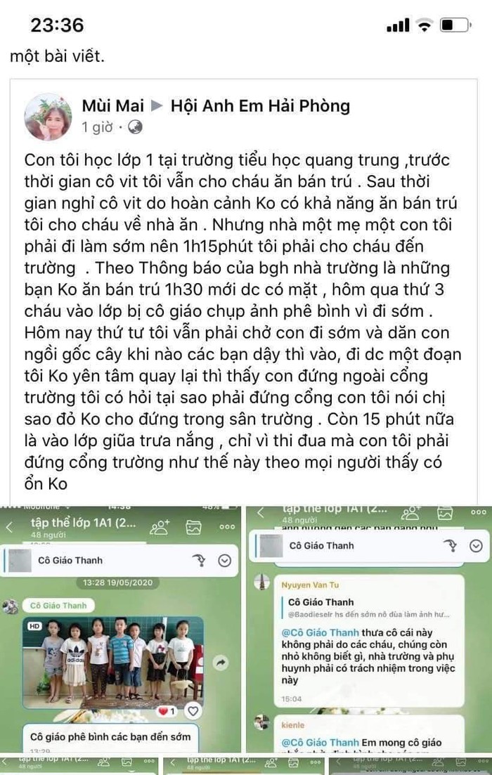 Phụ huynh bức xúc vì con đến trường sớm không được vào lớp và bị cô giáo chủ nhiệm phê bình đã chia sẻ trên mạng xã hội (Ảnh chụp màn hình)