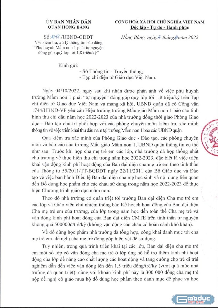 Văn bản chỉ đạo của Uỷ ban nhân dân quận Hồng Bàng về vụ thu quỹ lớp lên tới 1,8 triệu đồng/kỳ/học sinh (Ảnh: Lã Tiến)