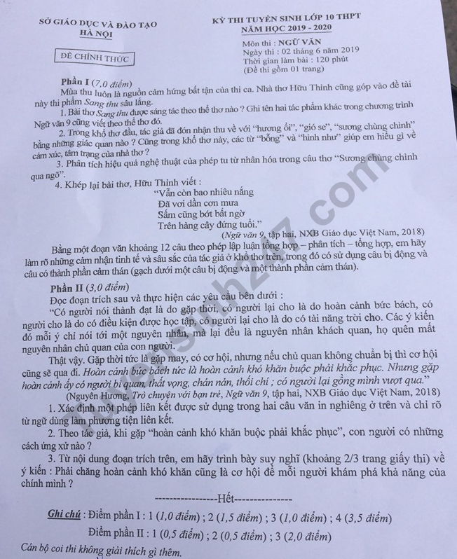 Đề thi tuyển sinh vào lớp 10 môn Ngữ văn thành phố Hà Nội năm học 2019 - 2020. (Ảnh: tuyensinh247)