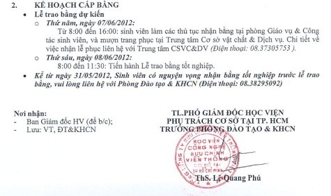 Trong công văn của trường về cấp bằng cho sinh viên, nhà trường không hề nhắc đến quy định sinh viên phải nộp 20 nghìn/ bản bảng điểm hoặc bằng phô tô.