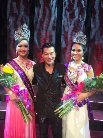 Thúy Vy (phải), diễn viên Trần Bảo Sơn và Á hậu 1 của cuộc thi “Miss Globe International Vietnam – Us”